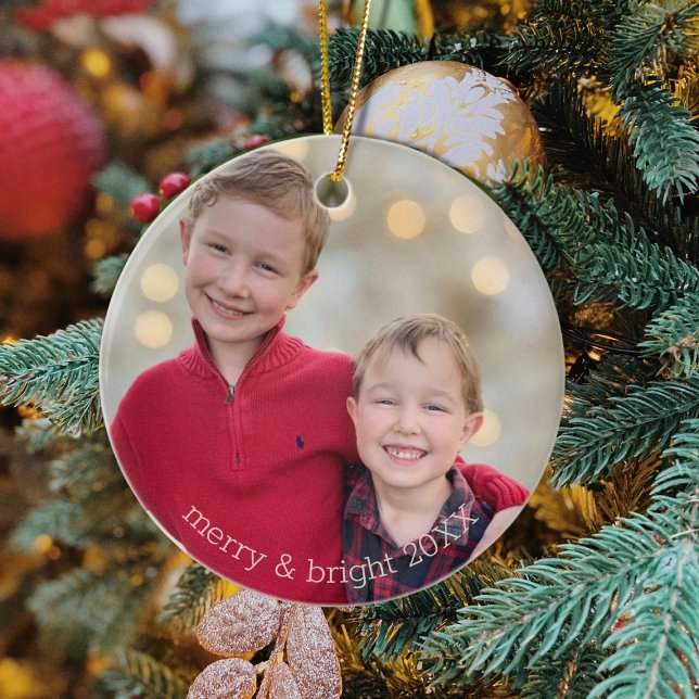 Klassiskt Syskon Photo jul-Metall-prydnadsföremål Julgransprydnad Keramik (Classic Siblings "Merry & Bright" Christmas Photo Ornament)