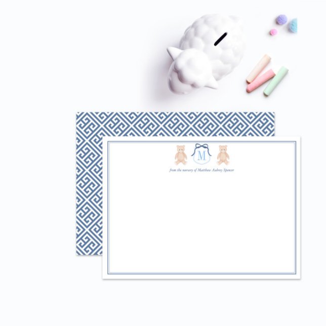 Klassiskt Teddybjörn Blått Och Vitt Monogram Barnk Tack Kort (Classic vintage watercolor teddy monogram baby boy shower thank you cards in navy and white)