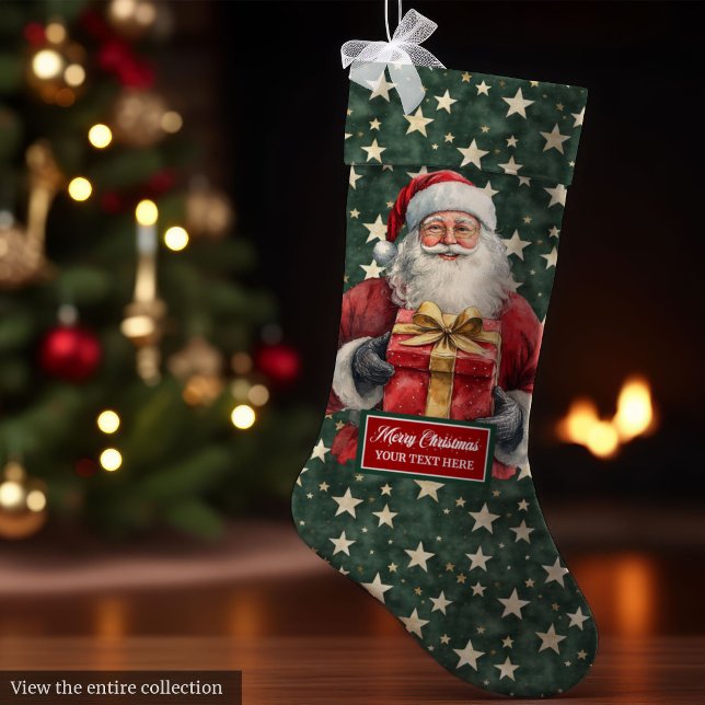Klassiskt tomtelager med anpassad röd Grönt Stor Julstrumpa (Classic Santa Stocking with Custom Name Red Green)