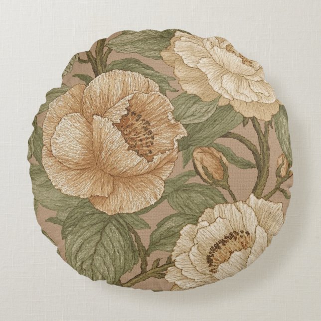 Klassiskt, vackert blommönster, Sage Gold Bloom Rund Kudde (Framsidan)