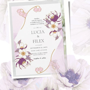 Klassiskt vackert Pruple Lotus & Färg Bläck Bröllo Inbjudningar