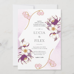 Klassiskt vackert Pruple Lotus & Färg Bläck Bröllo Inbjudningar