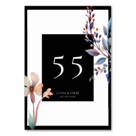 Klassiskt vattenfärgsblått Löv svart Bröllop Bordsnummer