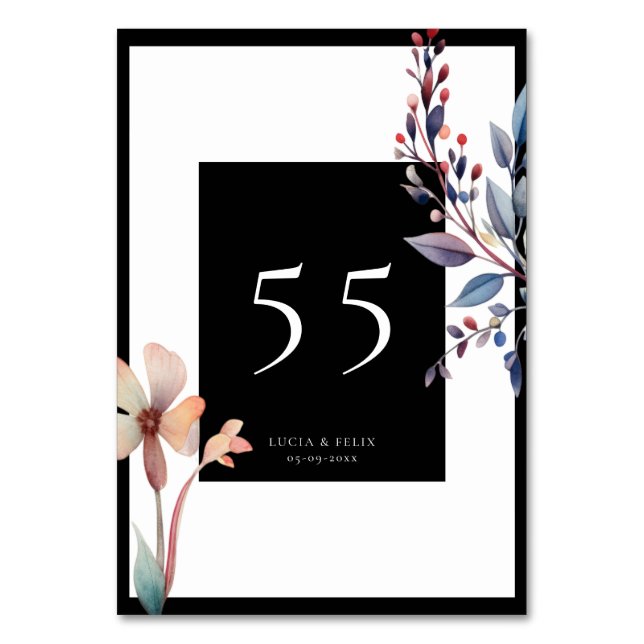 Klassiskt vattenfärgsblått Löv svart Bröllop Bordsnummer (Framsidan)