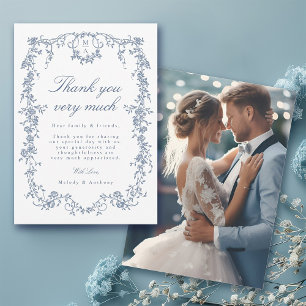 Klassiskt Victorian Fransk Blue Blommigt Bröllop P Tack Kort
