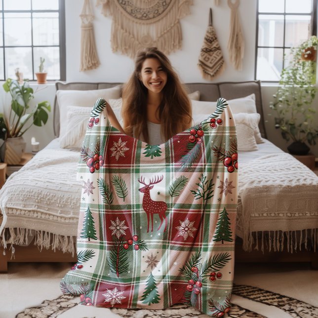 Klassiskt Vintage jul Plaid & Holly Mönster Fleecefilt (Skapare uppladdad)