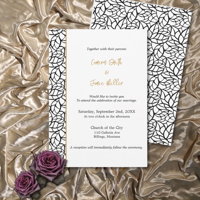 Klassiskt Vita och Svarta Löv Mönster Gräns Bröllo Inbjudningar (Classic White & Black Leaf Pattern Border Wedding Invitation)