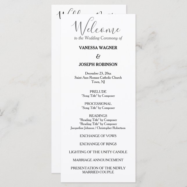 Klassiskt vitt Bröllopsprogram Namn Program (Fram/baksida)