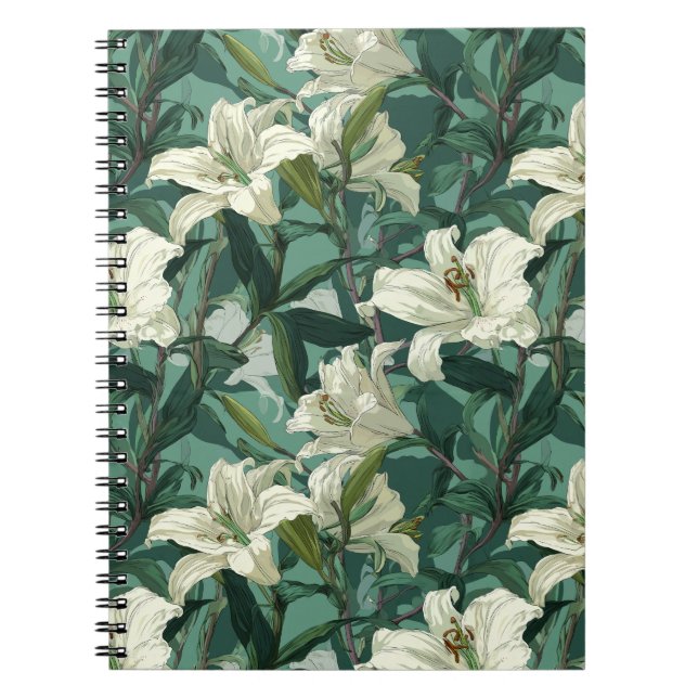 Klassiskt vitt lilja grönt blomster mönster anteckningsbok (Framsidan)