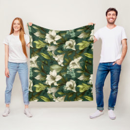 Klassiskt vitt lilja grönt blomster mönster fleecefilt