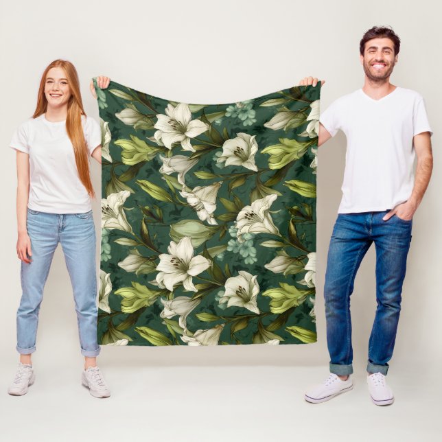 Klassiskt vitt lilja grönt blomster mönster fleecefilt (På plats)