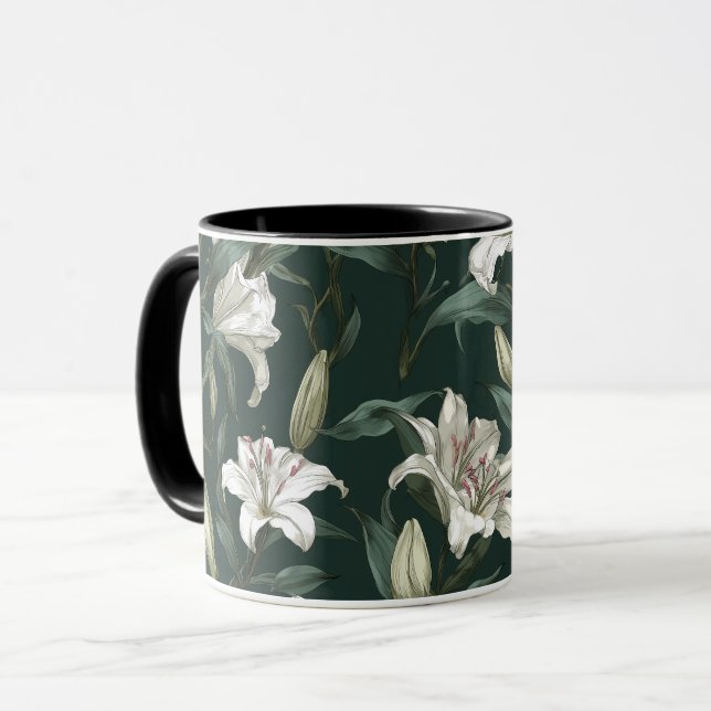 Klassiskt vitt lilja grönt blomster mönster mugg (Framsida vänster)