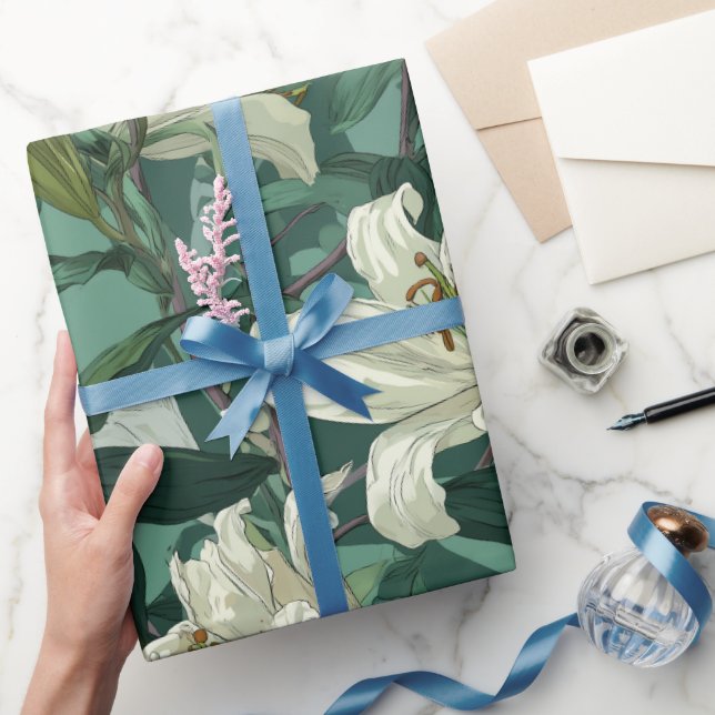 Klassiskt vitt lilja grönt blomster mönster presentpapper (Gifting)