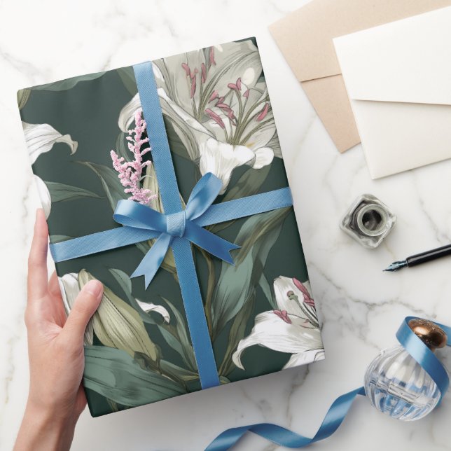 Klassiskt vitt lilja grönt blomster mönster presentpapper (Gifting)