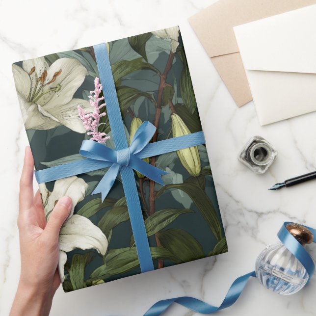 Klassiskt vitt lilja grönt blomster mönster presentpapper (Gifting)