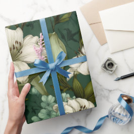 Klassiskt vitt lilja grönt blomster mönster presentpapper