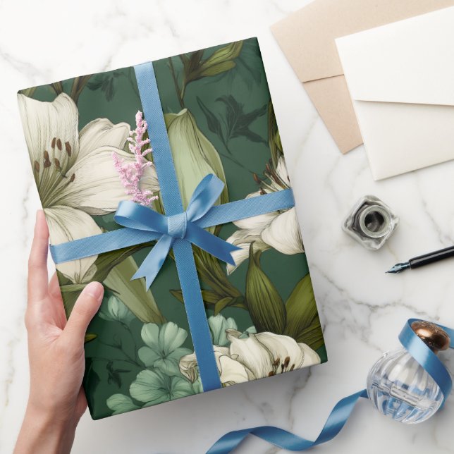Klassiskt vitt lilja grönt blomster mönster presentpapper (Gifting)