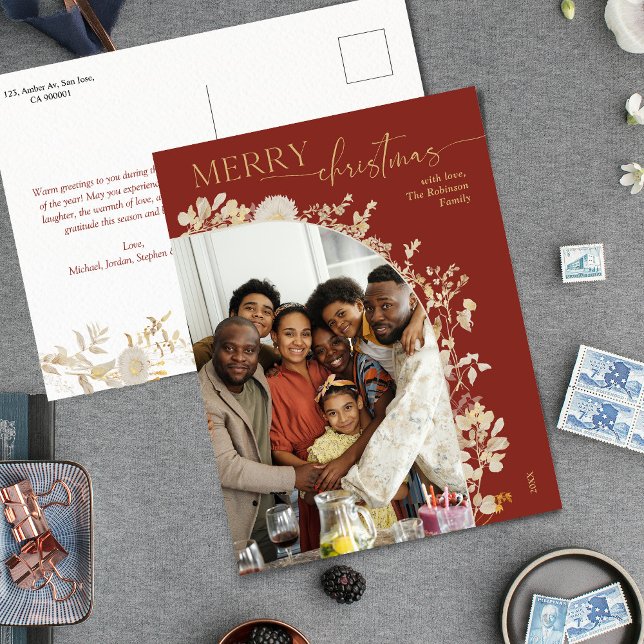 Klassiskt vykort för röd jul i modern Guld Blommig (Skapare uppladdad)