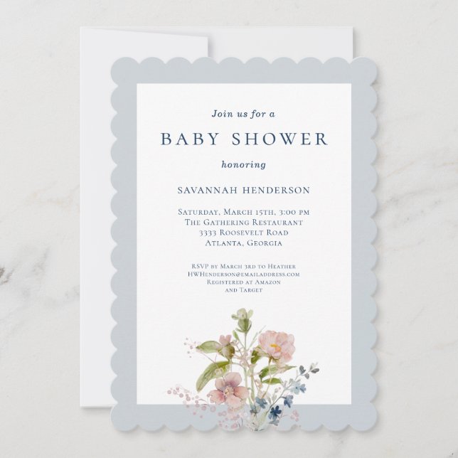 Klassiskt Watercolor WildblomBlue Baby Shower Inbjudningar (Framsida)