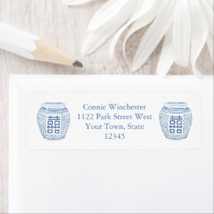 Klassiskt Woman Blue White Watercolor Ginger Burk Returadress Etikett