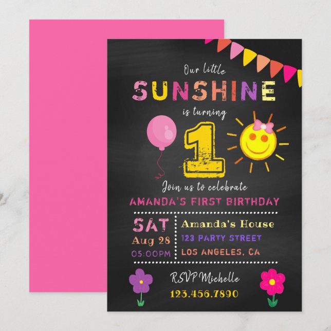 Klasskort 1-års födelsedag Little Sunshine Flicka  Inbjudningar (Fram/baksida)