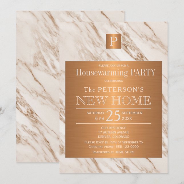 Klassmarmor av kopparmonogram husuppvärmning party inbjudningar (Fram/baksida)