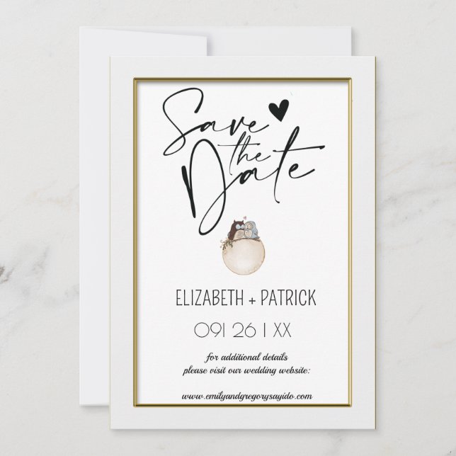 Klassminimalist ,uggla i kärlek sparar datum inbjudningar (Framsida)