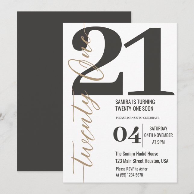 Klassminimalistisk kalligrafi 21:a födelsedag inbjudningar (Fram/baksida)