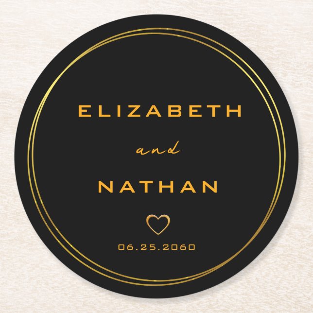 Klassminimalistiskt svart och Guld Bröllop Underlägg Papper Rund (Framsidan)