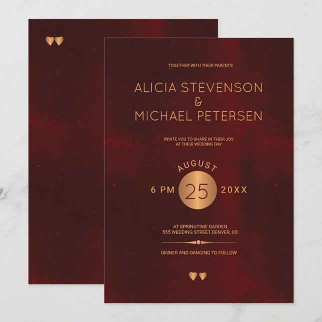 Klassröd burgundisk metallkoppar av mörk bröllop inbjudningar (Fram/baksida)
