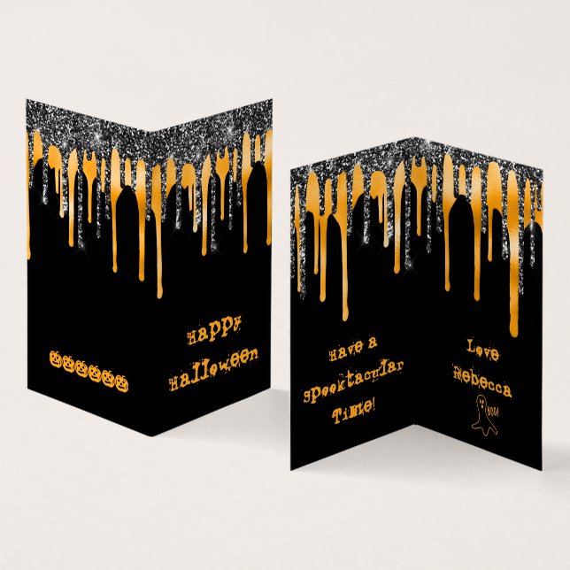 Klassrumskort MINI Glitter Orange Happy halloween Visitkort (In- och utsida)
