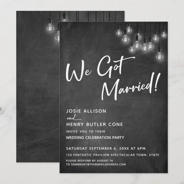 Klassrumsplanschen Edison-ljus Modernt Vi gifte os Inbjudningar (Fram/baksida)