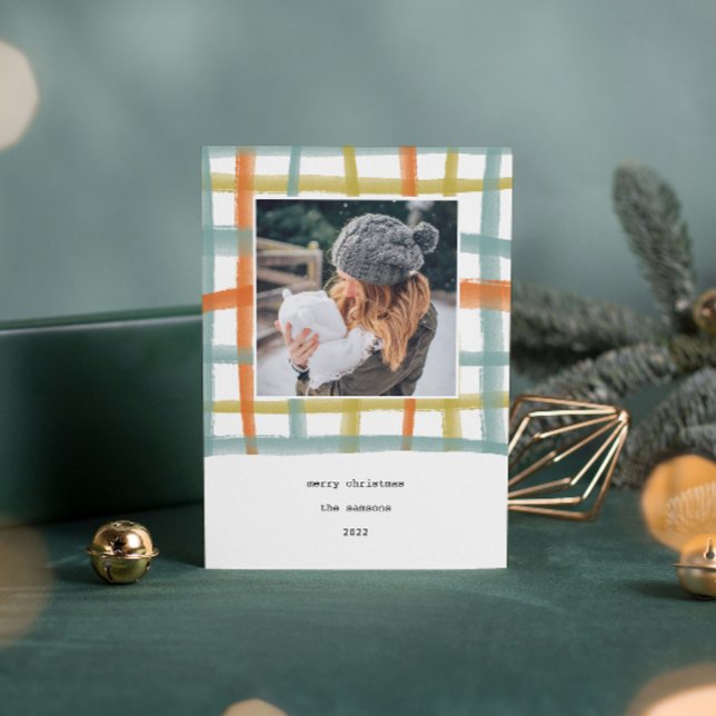 Klassrumsruta Högtidsfotokort | C Julkort (Watercolor painted classroom plaid photo Christmas card.)