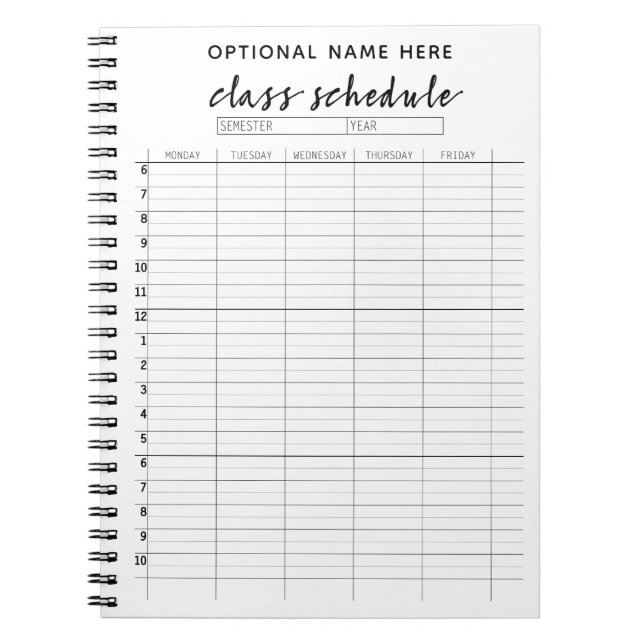 Klassschema för termin - svartvitt anteckningsbok (Framsidan)
