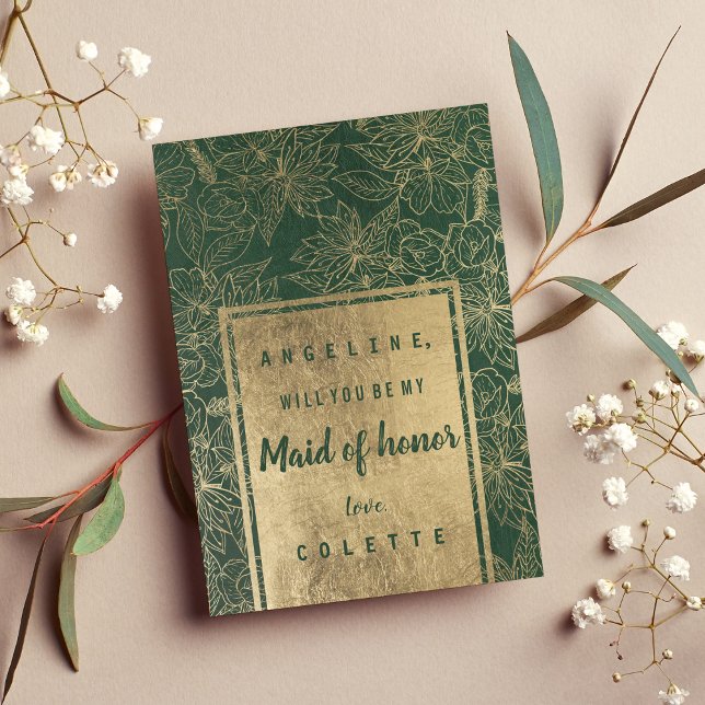 Klassskog grönten guld blommigt Maid of honor Inbjudningar (Classy forest green gold floral Maid of Honor)