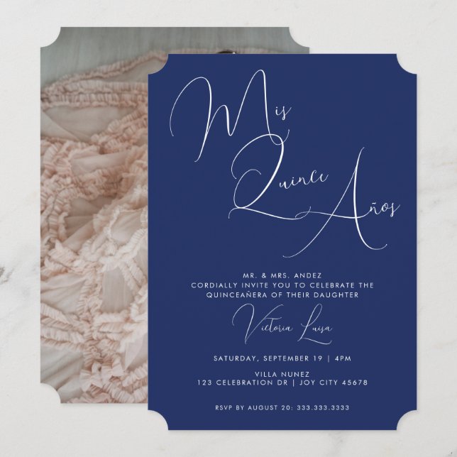 Klassskript Royal Blue Birthday quinceañera Inbjudningar (Fram/baksida)