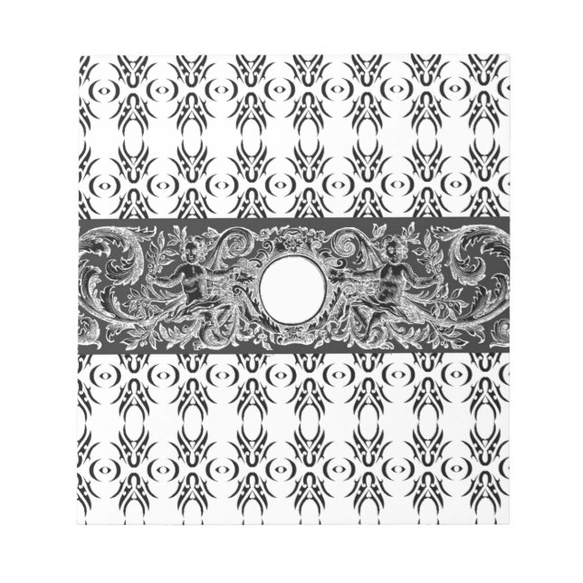 Klasssvart vit Baroque mönster för anpassning Anteckningsblock (Framsida)