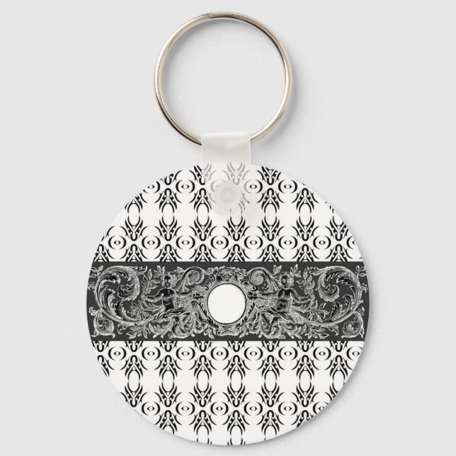 Klasssvart vit Baroque mönster för anpassning Nyckelring (Framsida)