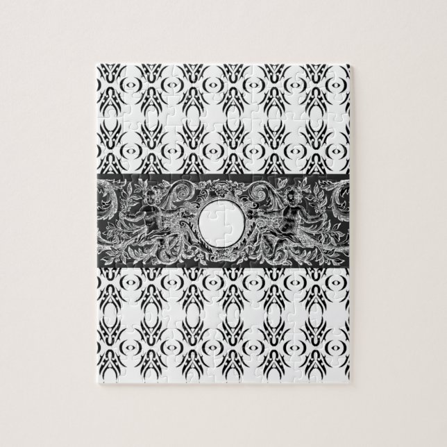 Klasssvart vit Baroque mönster för anpassning Pussel (Vertikal)