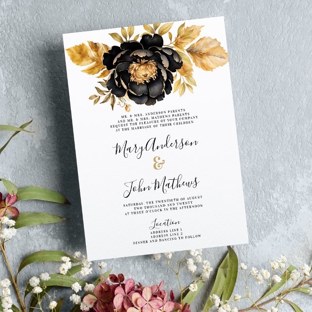 Klasssvart vit elfenbensvit guld blommigt Bröllop Inbjudningar (Classy black white ivory gold peony floral Wedding )