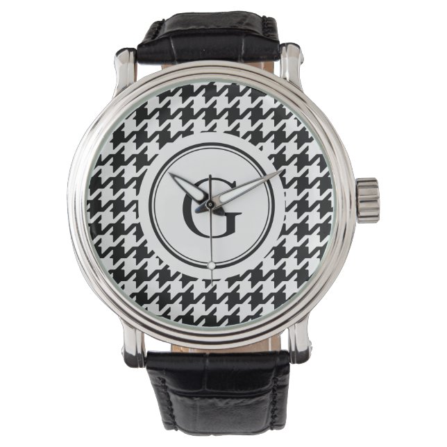 Klasssvart vit houndstooth mönster monogram armbandsur (Framsida)