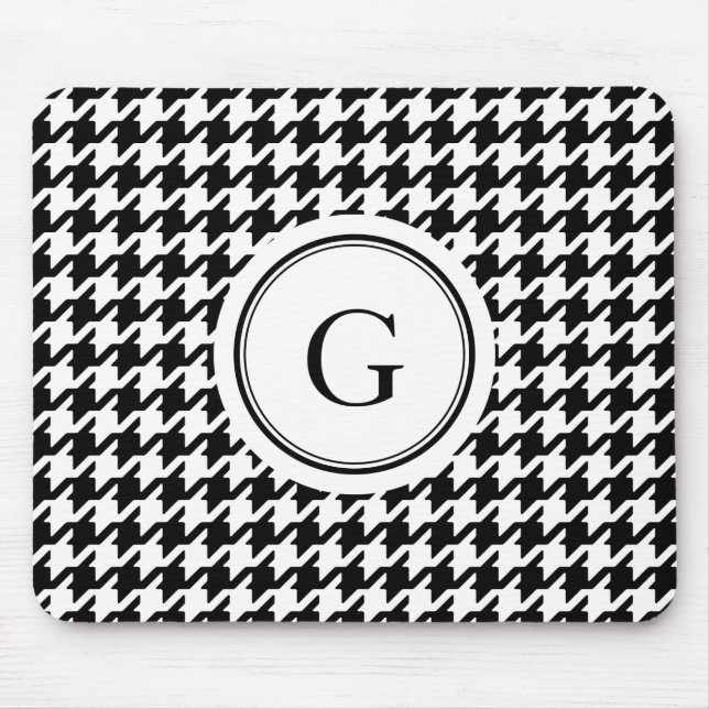 Klasssvart vit houndstooth mönster monogram musmatta (Framsidan)