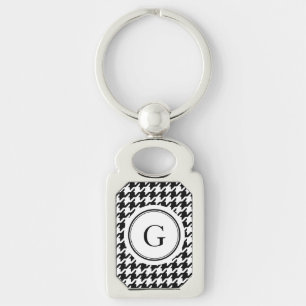 Klasssvart vit houndstooth mönster monogram rektangulärt silverfärgad nyckelring