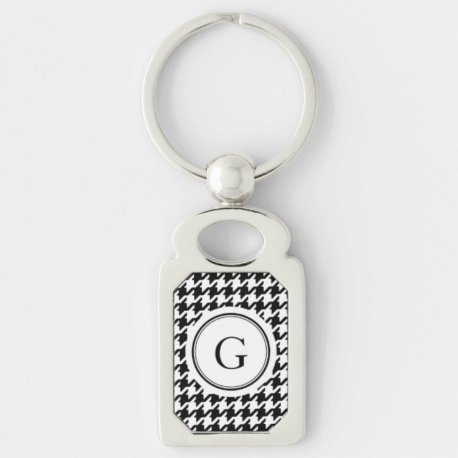Klasssvart vit houndstooth mönster monogram rektangulärt silverfärgad nyckelring (Framsidan)