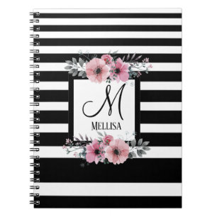 Klasssvart vit rand blommigt monogram namn anteckningsbok