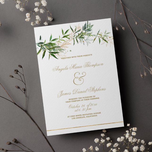 Klassvit grönt guld glitter blad bröllop inbjudningar (Classy white green gold glitter foliage wedding )