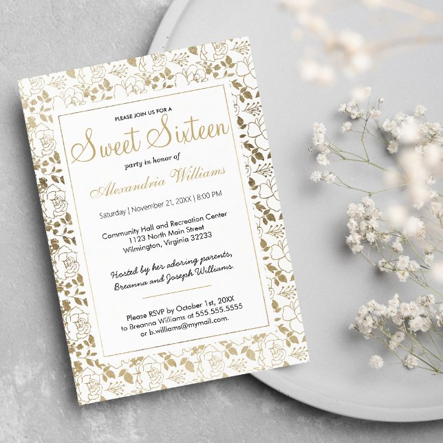 Klassvitt elegant guld blommigt ram Sweet 16 Inbjudningar (Classy white elegant gold floral frame Sweet 16 Invitation )
