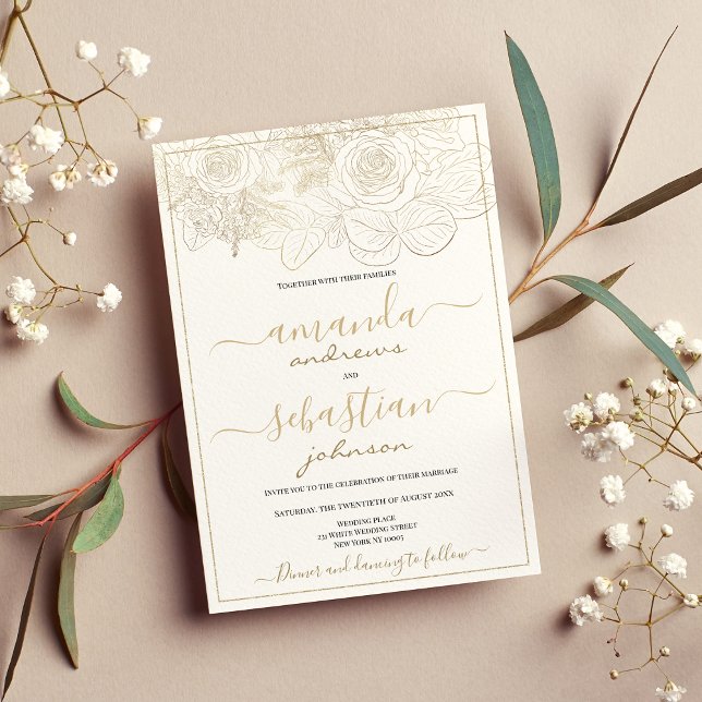 Klassvitt och guld ro blommigt bröllop inbjudningar (Classy white and gold roses floral wedding invitation )