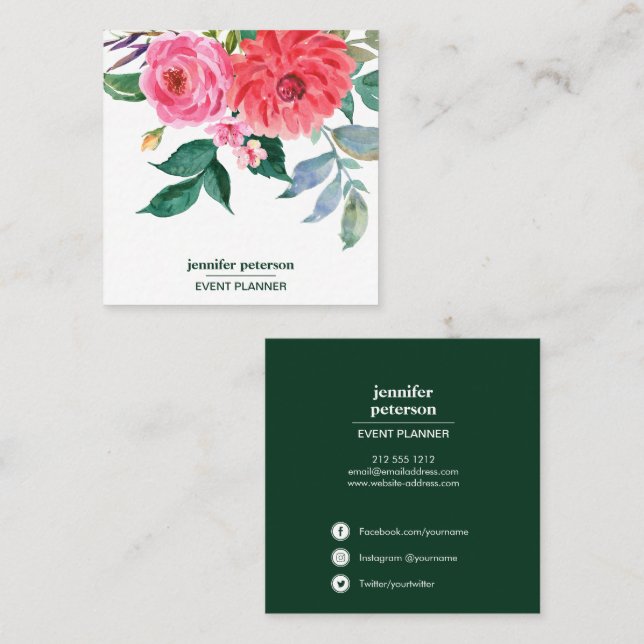 Klassy Elegant blommar röda peony Social Media Ico Fyrkantigt Visitkort (Fram/baksida)