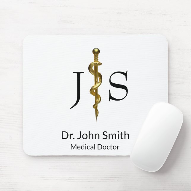 Klassy Medical Rod of Asclepius Guld on White Musmatta (Med mus)